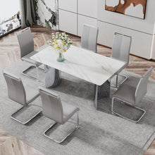 Load image into Gallery viewer, Modern minimalist dining table. White imitation marble glass sticker desktop, stainless steel legs, stable and beautiful. Suitable for living room and dining room 63&quot; x35.4&quot; x29.5&quot; DT-69
