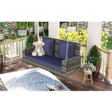 Load image into Gallery viewer, 2-Person Wicker Hanging Porch Swing with Chains, Cushion, Pillow, Rattan Swing Bench for Garden, Backyard, Pond. (Gray Wicker, Blue Cushion)
