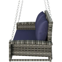 Load image into Gallery viewer, 2-Person Wicker Hanging Porch Swing with Chains, Cushion, Pillow, Rattan Swing Bench for Garden, Backyard, Pond. (Gray Wicker, Blue Cushion)
