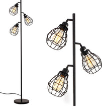 Cargar imagen en el visor de la galería, Floor Lamp Matches Industrial, Farmhouse &amp; Rustic Living Rooms – Standing Tree Lamp with 3 Elegant Cage Heads &amp; Edison LED Bulbs
