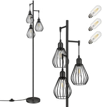 Cargar imagen en el visor de la galería, Floor Lamp Matches Industrial, Farmhouse &amp; Rustic Living Rooms – Standing Tree Lamp with 3 Elegant Cage Heads &amp; Edison LED Bulbs

