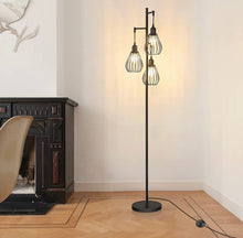 Cargar imagen en el visor de la galería, Floor Lamp Matches Industrial, Farmhouse &amp; Rustic Living Rooms – Standing Tree Lamp with 3 Elegant Cage Heads &amp; Edison LED Bulbs
