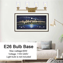 Cargar imagen en el visor de la galería, TULUCE Brass Gold 4-Light Vanity Wall Sconce - Elegant Bathroom Lighting with Clear Glass Shades, Versatile for Bedroom, Living Room, Stairway, Gallery, Restaurant
