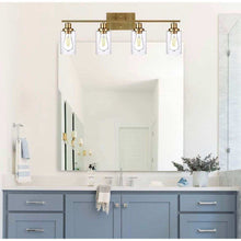 Cargar imagen en el visor de la galería, TULUCE Brass Gold 4-Light Vanity Wall Sconce - Elegant Bathroom Lighting with Clear Glass Shades, Versatile for Bedroom, Living Room, Stairway, Gallery, Restaurant

