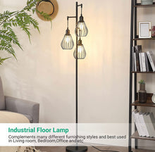 Cargar imagen en el visor de la galería, Floor Lamp Matches Industrial, Farmhouse &amp; Rustic Living Rooms – Standing Tree Lamp with 3 Elegant Cage Heads &amp; Edison LED Bulbs
