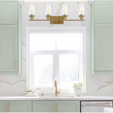 Cargar imagen en el visor de la galería, TULUCE Brass Gold 4-Light Vanity Wall Sconce - Elegant Bathroom Lighting with Clear Glass Shades, Versatile for Bedroom, Living Room, Stairway, Gallery, Restaurant
