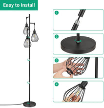 Cargar imagen en el visor de la galería, Floor Lamp Matches Industrial, Farmhouse &amp; Rustic Living Rooms – Standing Tree Lamp with 3 Elegant Cage Heads &amp; Edison LED Bulbs
