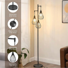 Cargar imagen en el visor de la galería, Floor Lamp Matches Industrial, Farmhouse &amp; Rustic Living Rooms – Standing Tree Lamp with 3 Elegant Cage Heads &amp; Edison LED Bulbs
