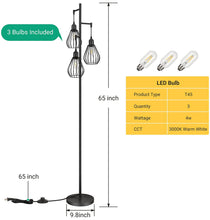 Cargar imagen en el visor de la galería, Floor Lamp Matches Industrial, Farmhouse &amp; Rustic Living Rooms – Standing Tree Lamp with 3 Elegant Cage Heads &amp; Edison LED Bulbs
