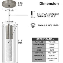 Carregar imagem no visualizador da galeria, huong son Bubble Glass Pendant Lights Sand-Nickel Brushed, Mini Cylinder Pendant Light Fixture with Glass Shade, Indoor Pendant Lighting Adjustable Length, GU10 4000K LED Bulb Included, 3 Pack
