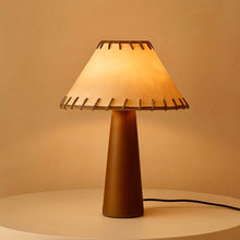 Carregar imagem no visualizador da galeria, Nogy Handcrafted Japandi Table Lamp – Wood + Leather Style Shade, Linen &amp; Natural Parchment Shade
