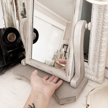 Load image into Gallery viewer, Distressed White Adjustable Wood Vanity Mirror
