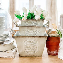 Carregar imagem no visualizador da galeria, Vintage Inspired Heirloom Garden Supply Metal Planters, Set of Three

