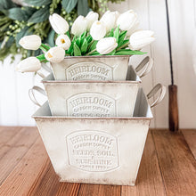 Carregar imagem no visualizador da galeria, Vintage Inspired Heirloom Garden Supply Metal Planters, Set of Three
