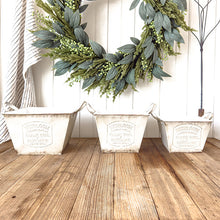 Carregar imagem no visualizador da galeria, Vintage Inspired Heirloom Garden Supply Metal Planters, Set of Three
