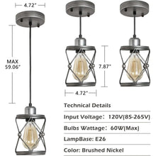 Carregar imagem no visualizador da galeria, Rustic Silver Metal Pendant Hanging Lights Kitchen with Adjustable LED Lamp
