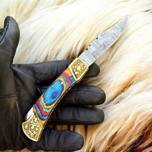Cargar imagen en el visor de la galería, Custom Handmade Damascus Pocket Knife with Multi-Color Wood Handle
