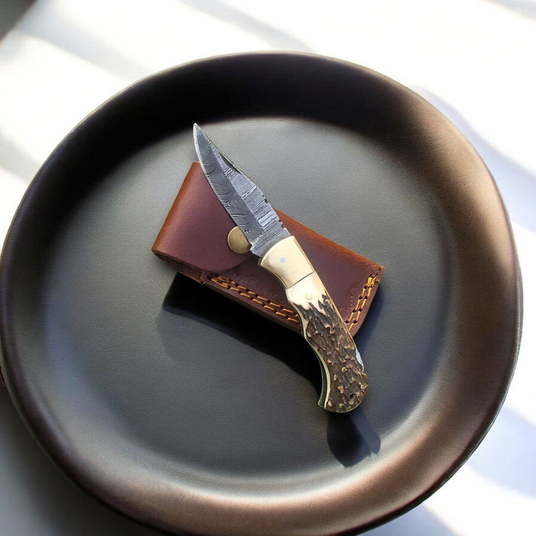 Folding Hunter Knife | Antler Horn Handle with Leather Case