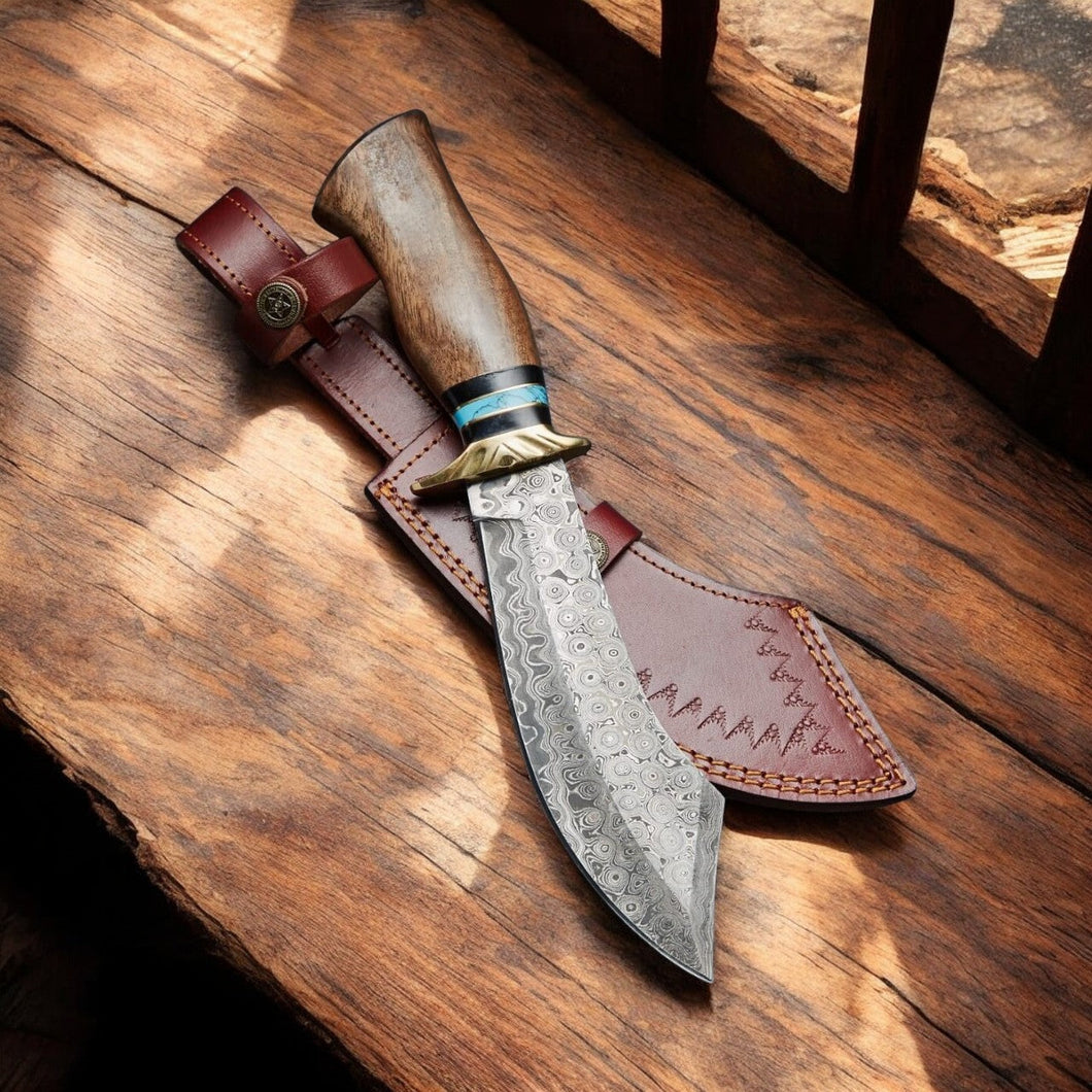 Custom Handmade Damascus Bowie Knife with Rosewood Handle