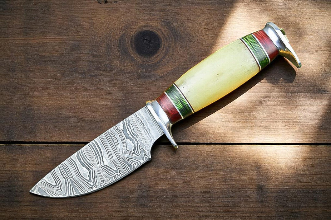 Custom Handmade Damascus Hunting Knife – Bone Handle