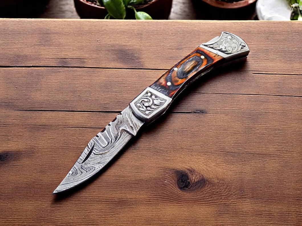 Damascus Folding Knife with Exotic Wood Handle