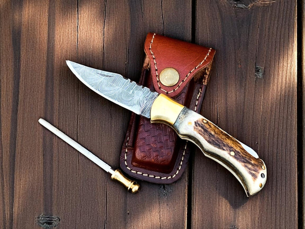 cowboy Pocket Knife | Antler Horn Handle with damascus blade