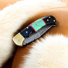 Load image into Gallery viewer, Custom Handmade Damascus Steel Pocket Knife with Brass Bolster

