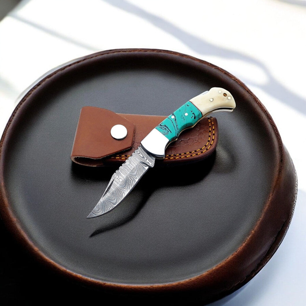 Damascus Pocket Knife - Resin & Bone Handle, 3