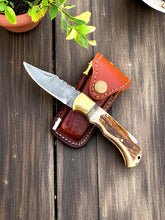Load image into Gallery viewer, cowboy Pocket Knife | Antler Horn Handle with damascus blade
