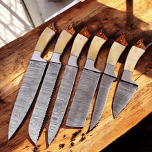 Carregar imagem no visualizador da galeria, Custom Handmade Damascus Kitchen Knives Set – Leather Roll
