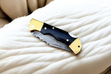 Load image into Gallery viewer, Custom Handmade Damascus Pocket Knife with Buffalo Horn
