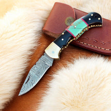 Load image into Gallery viewer, Custom Handmade Damascus Steel Pocket Knife with Brass Bolster
