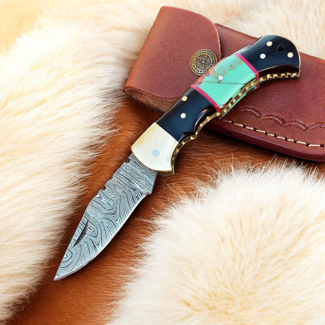 Custom Handmade Damascus Steel Pocket Knife with Brass Bolster