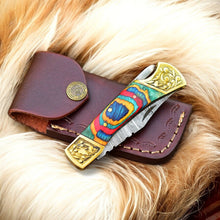 Cargar imagen en el visor de la galería, Custom Handmade Damascus Pocket Knife with Multi-Color Wood Handle
