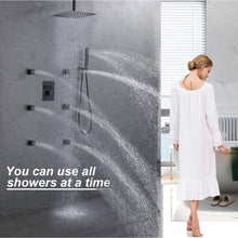 Load image into Gallery viewer, Selzalot Enga 16 Inch Rain Shower with Jets, Thermostatic Shower System with Body Sprays Body Sprays Push Button Diverter Shower Faucet Combo Set
