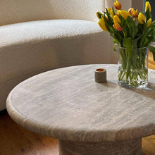 Load image into Gallery viewer, Silver Travertine Vein-cut Round Honed 2&quot; Tabletop Coffee Table (D)36&quot; (H)16&quot;
