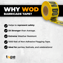 Load image into Gallery viewer, Tape Providers Barricade Tape 1000 feet WOD Barricade Flagging Tape Black and Yellow 3 inch x 1000 ft. - Hazardous Areas, Safety for Construction Zones BRC
