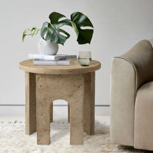 Load image into Gallery viewer, Troia Light Travertine Round End/Side Table U Shape Legs Unfilled, Honed (D)18&quot; (H)20&quot;
