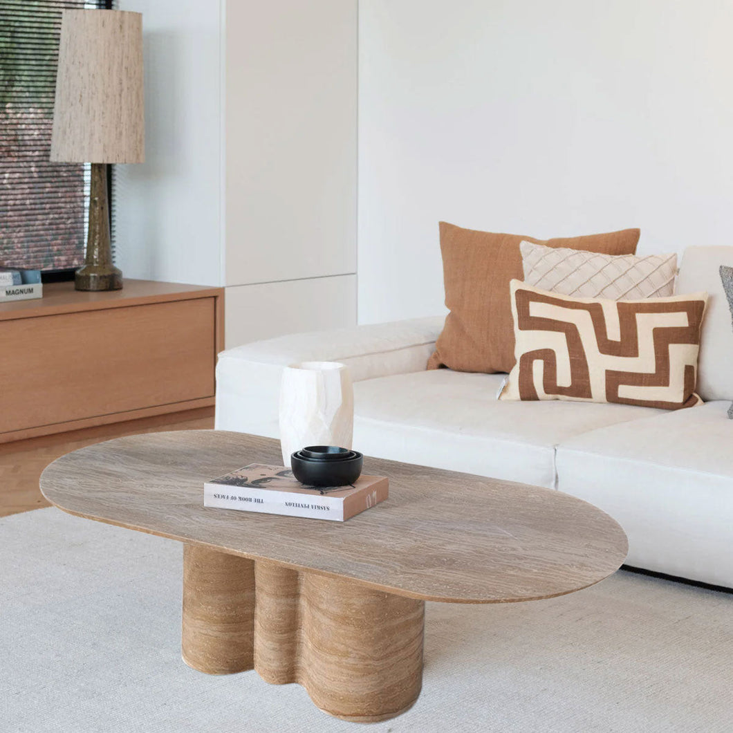 Tuscany Walnut Travertine Vein-cut Oval Shape Coffee Table Wavy Legs (W)20