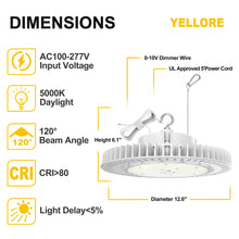 Cargar imagen en el visor de la galería, 150W LED UFO High Bay Light: 5000K, 21000 Lumens, Dimmable, IP65 Rated, Wide Beam Angle, UL/DLC Premium, Perfect for Industrial Spaces
