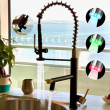 Load image into Gallery viewer, Videcshop Kitchen Faucet Brushed Black and Gold / Stainless Steel / Smart Spray and Smart Led temperature control VIDEC KW-29RK Smart Kitchen Faucet, 3 Modes Pull Down Sprayer, LED Temperature Control, Ceramic Valve, 360-Degree Rotation, 1 or 3 Hole Deck Plate.
