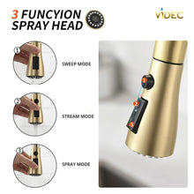 Load image into Gallery viewer, Videcshop Kitchen Faucet Brushed Gold / Stainless Steel / Smart LED Temperature Control VIDEC KW-68J  Smart Kitchen Faucet, 3 Modes Pull Down Sprayer, Smart LED For Water Temperature Control, Ceramic Valve, 360-Degree Rotation, 1 or 3 Hole Deck Plate.
