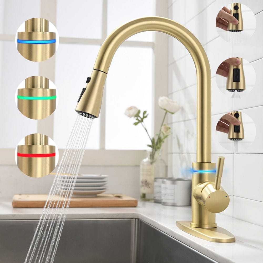 Videcshop Kitchen Faucet Brushed Gold / Stainless Steel / Smart LED Temperature Control VIDEC KW-68J  Smart Kitchen Faucet, 3 Modes Pull Down Sprayer, Smart LED For Water Temperature Control, Ceramic Valve, 360-Degree Rotation, 1 or 3 Hole Deck Plate.