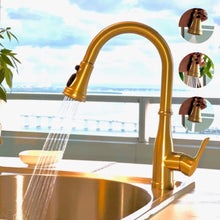 Load image into Gallery viewer, Videcshop Kitchen Faucet Brushed Gold / Stainless Steel / Smart Spray VIDEC KW-86J  Smart Kitchen Faucet, 3 Modes Pull Down Smart Sprayer, Ceramic Valve, 360-Degree Rotation, 1 or 3 Hole Deck Plate.
