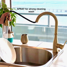 Load image into Gallery viewer, Videcshop Kitchen Faucet Brushed Gold / Stainless Steel / Smart Spray VIDEC KW-86J  Smart Kitchen Faucet, 3 Modes Pull Down Smart Sprayer, Ceramic Valve, 360-Degree Rotation, 1 or 3 Hole Deck Plate.
