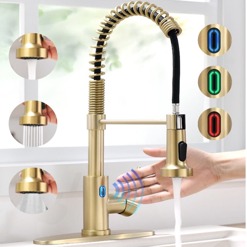 Videcshop Kitchen Faucet Brushed Gold / Stainless Steel / Smart Touch-Less VIDEC KW-79J  Smart Touch-less Kitchen Faucet, 3 Modes Pull Down Sprayer, Smart Motion Sensor Activated, LED Temperature Control, Auto ON/Off, Ceramic Valve, 360-Degree Rotation, 1 or 3 Hole Deck Plate.