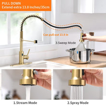 Load image into Gallery viewer, Videcshop Kitchen Faucet Brushed Gold / Stainless Steel / Smart Touch-Less VIDEC KW-79J  Smart Touch-less Kitchen Faucet, 3 Modes Pull Down Sprayer, Smart Motion Sensor Activated, LED Temperature Control, Auto ON/Off, Ceramic Valve, 360-Degree Rotation, 1 or 3 Hole Deck Plate.
