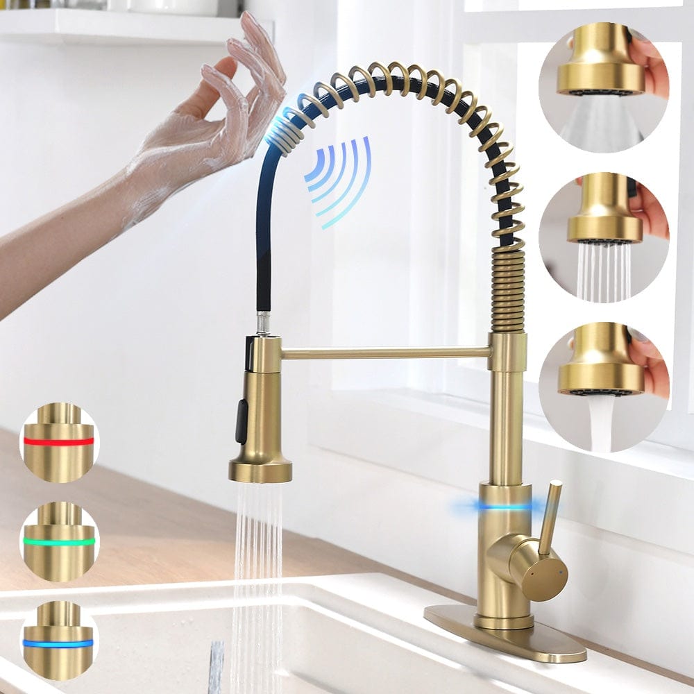 Videcshop Kitchen Faucet Brushed Gold / Stainless Steel / Smart Touch On VIDEC KW-66J  Smart Touch On Kitchen Faucet, 3 Modes Pull Down Sprayer, Smart Touch Sensor Activated, LED Temperature Control, Auto ON/Off, Ceramic Valve, 360-Degree Rotation, 1 or 3 Hole Deck Plate.
