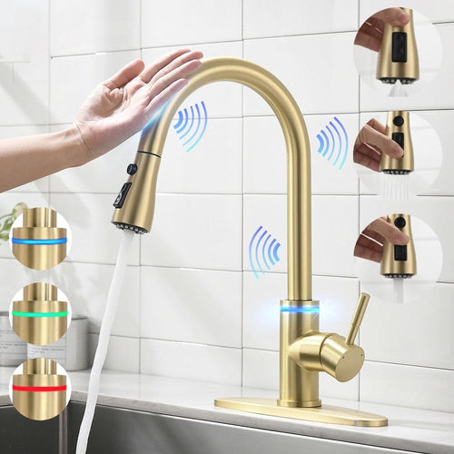 Videcshop Kitchen Faucet Brushed Gold / Stainless Steel / Smart Touch On VIDEC KW-70J Smart Touch On Kitchen Faucet, 3 Modes Pull Down Sprayer, Smart Touch Sensor Activated, LED Temperature Control, Auto ON/Off, Ceramic Valve, 360-Degree Rotation, 1 or 3 Hole Deck Plate.