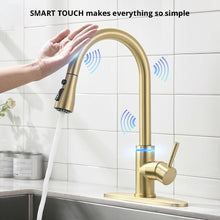 Load image into Gallery viewer, Videcshop Kitchen Faucet Brushed Gold / Stainless Steel / Smart Touch On VIDEC KW-70J Smart Touch On Kitchen Faucet, 3 Modes Pull Down Sprayer, Smart Touch Sensor Activated, LED Temperature Control, Auto ON/Off, Ceramic Valve, 360-Degree Rotation, 1 or 3 Hole Deck Plate.
